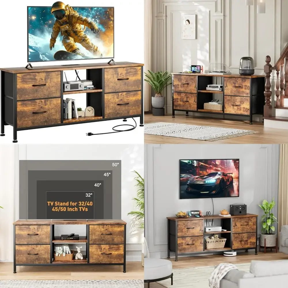 Entertainment Center Bedroom TV Stand with Power Outlet, 50 TV Compatible, Dresser featuring 4 Fabric Drawers and Open Shelves