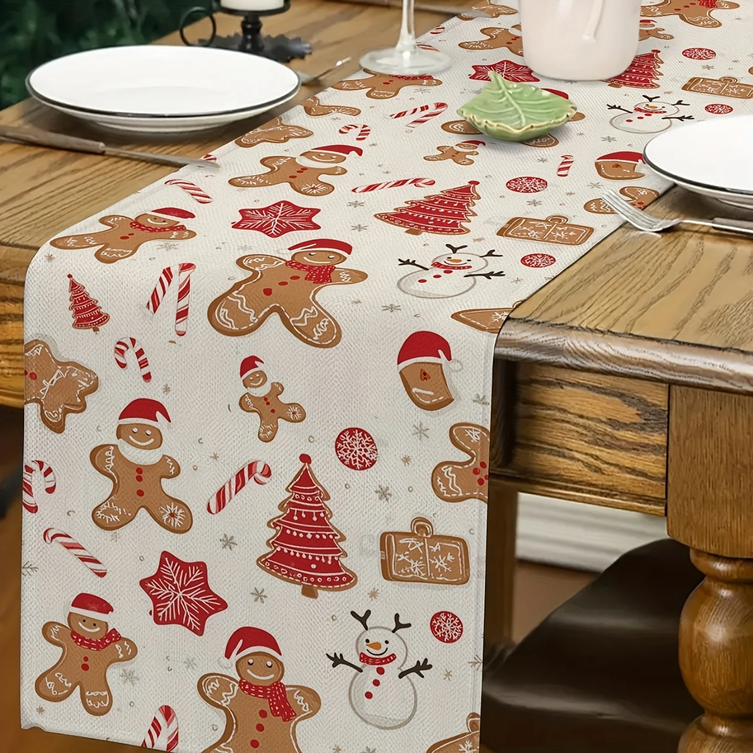 Navidad y Año Nuevo Cookie Man Lino Conjunto ecológico camino de mesa, regalo de decoración de utensilios de cocina diarios 180x33cm