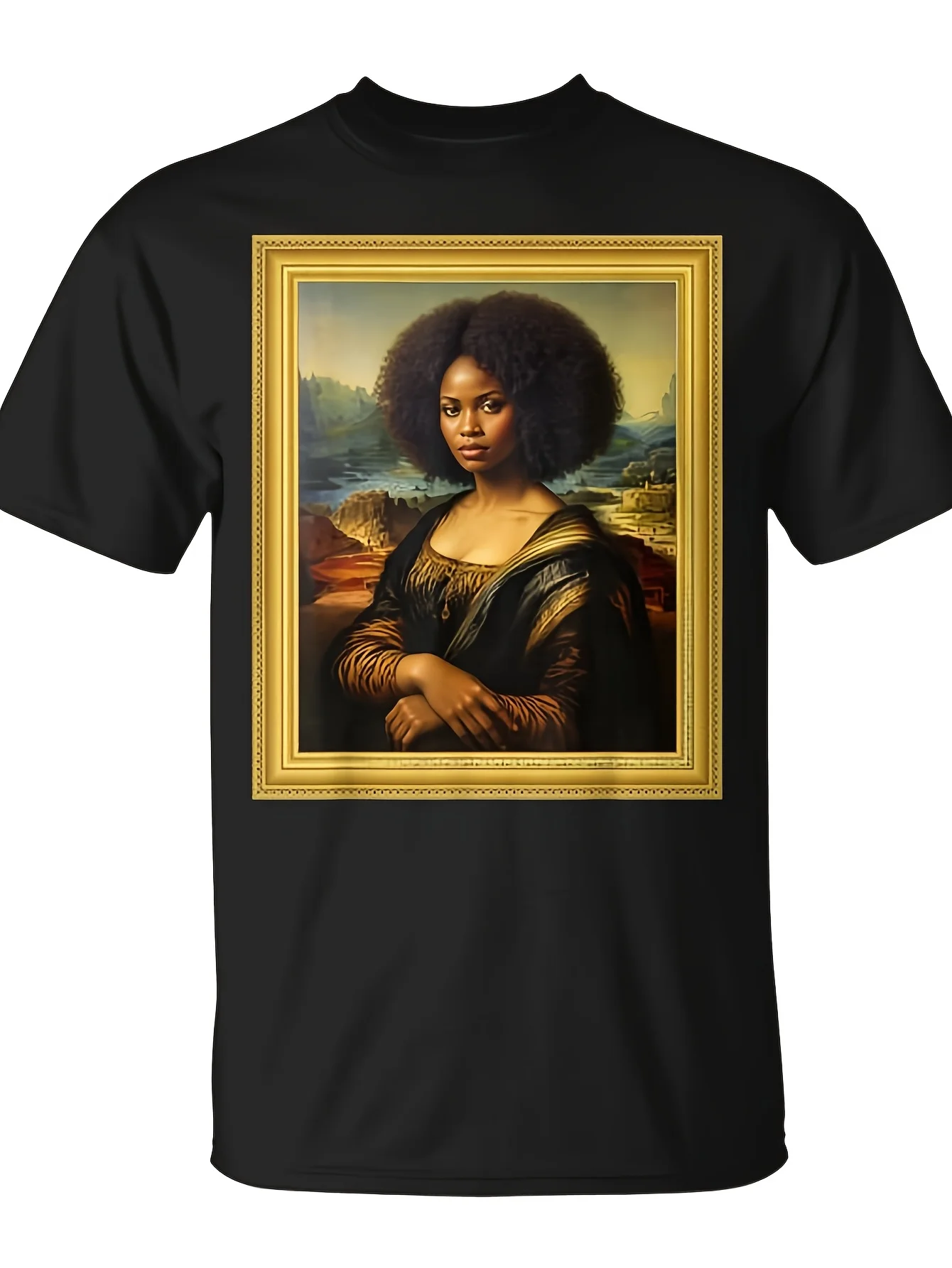 Black Mona Lisa Afro Queen African Woman Black History Month T-Shirt - Monsterry Same Style for Men and Women 2026 Summer Short-sleeved Printed T-shirt 180G