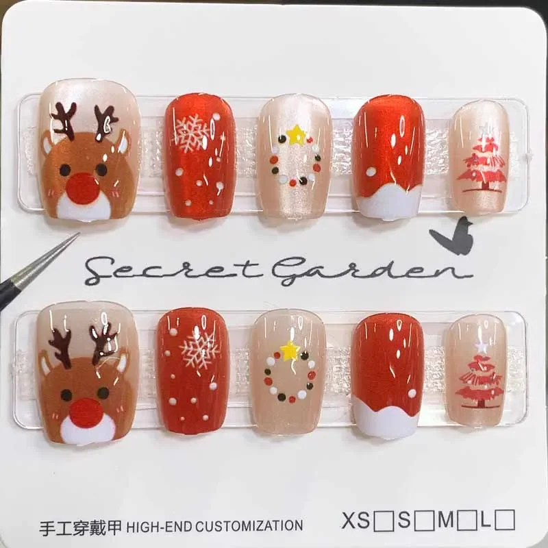 10 Stück Weihnachten Short Style Press on Nails Schneeflocke Milu Hirsch Weihnachtsbaum Falsche Nägel Abnehmbare Neujahr Rote Künstliche Nägel