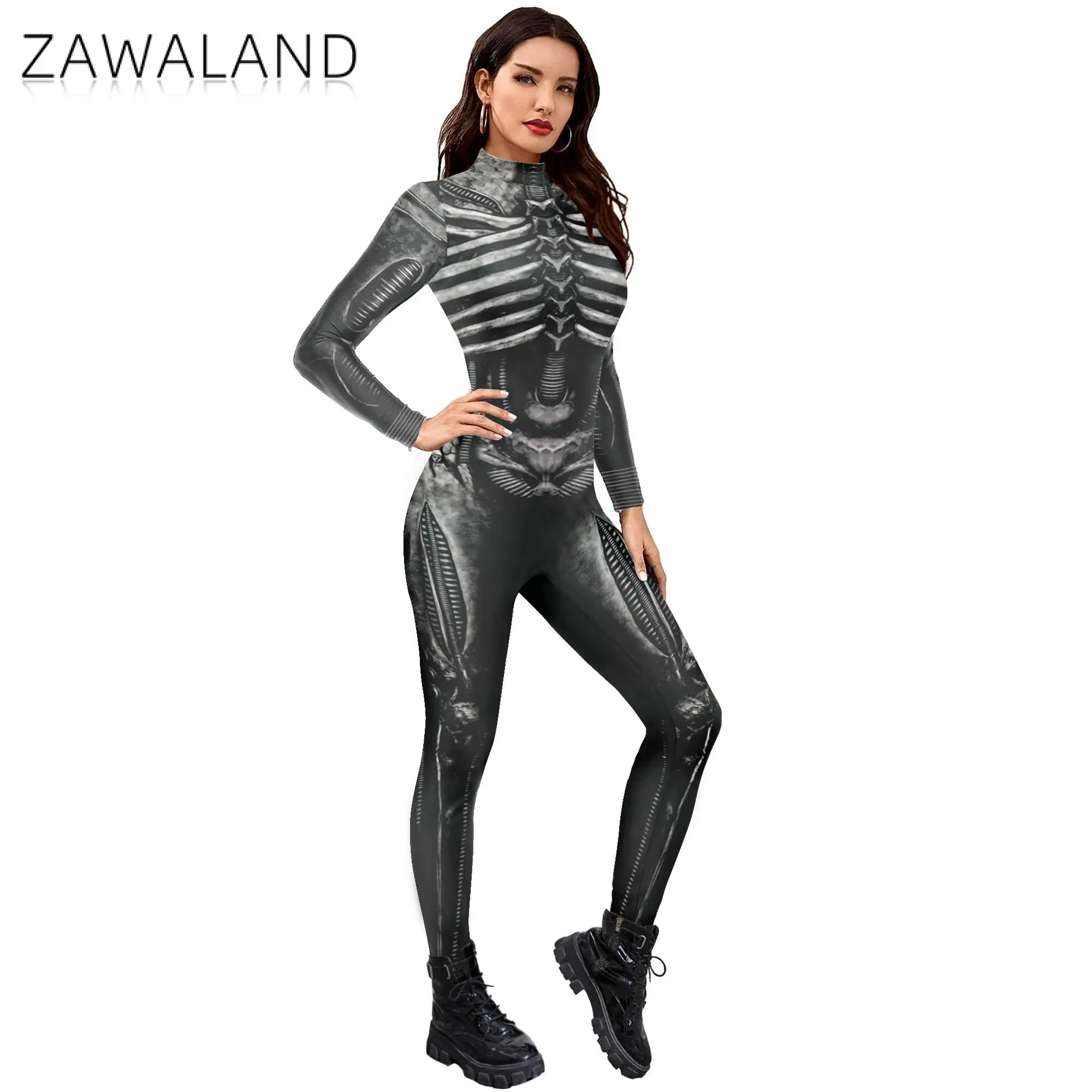 Zawaland Halloween Skeleton Zombie 3D Print Cosplay Costume Women Sexy Bodysuits Long Sleeve Jumpsuit Punk Style Clothes