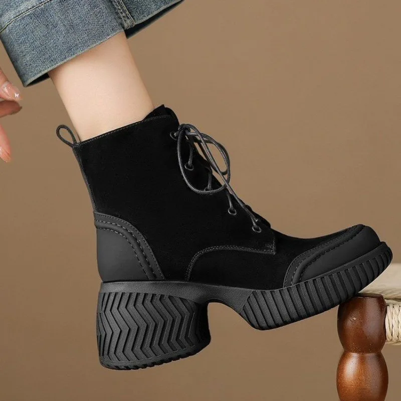 

NEW Autumn Women Boots Sheep Suede Leather Shoes for Women Sqaure Toe Chunky Heel Shoes Lace-up Zipper Short Boots Daily Shoes