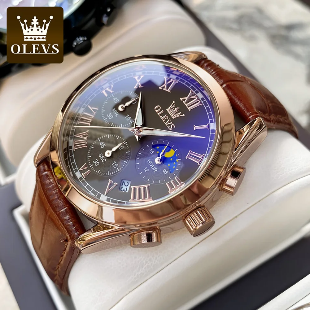 OLEVS Brand Business Men Watch Original Waterproof Quartz Watch Leather Strap Moon Phase timer Luminous Male Wristwatch Calendar