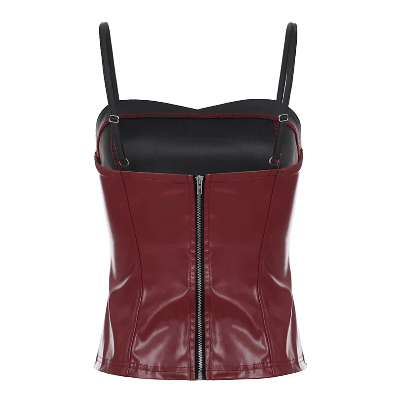 Vintage Patchwork Pu Leder Kontrast Farbe Camis Tops Schmal Anliegende Zipper Slash Neck Ärmellose Tank Tops Frauen 2025, Sommer