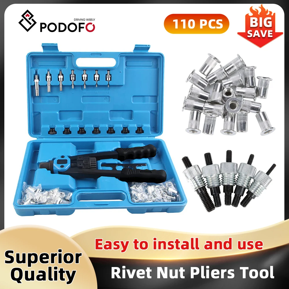 Podofo 110 pièces pistolet à écrou à rivets robuste riveteuse à main 7 tailles M3 M4 M5 M6 M8 M10 M12 ensemble de pinces à écrou à rivets ensemble de pinces à rivets à filetage