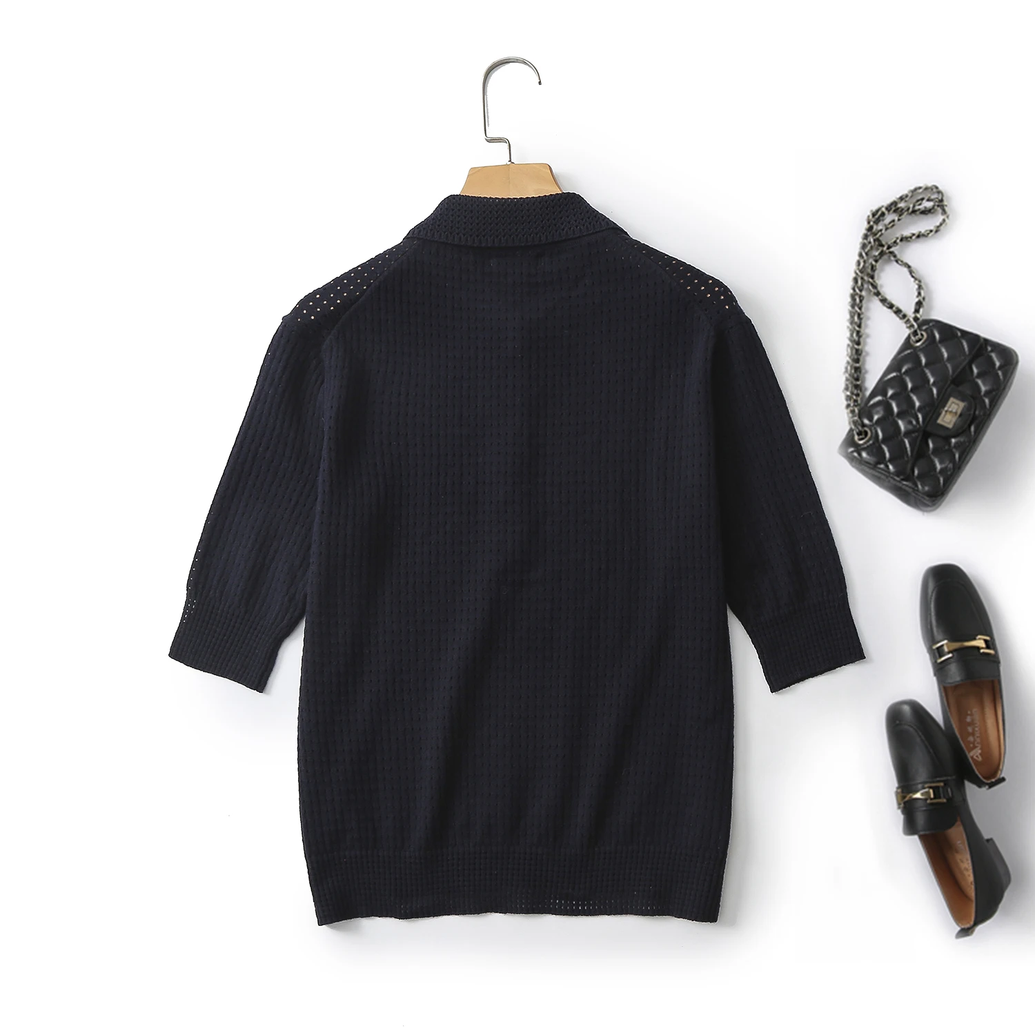Ethereal MD 2024 new style of Women\'s casual Gray smart commuter hollowed out Polo neck five-quarter sleeve sweater