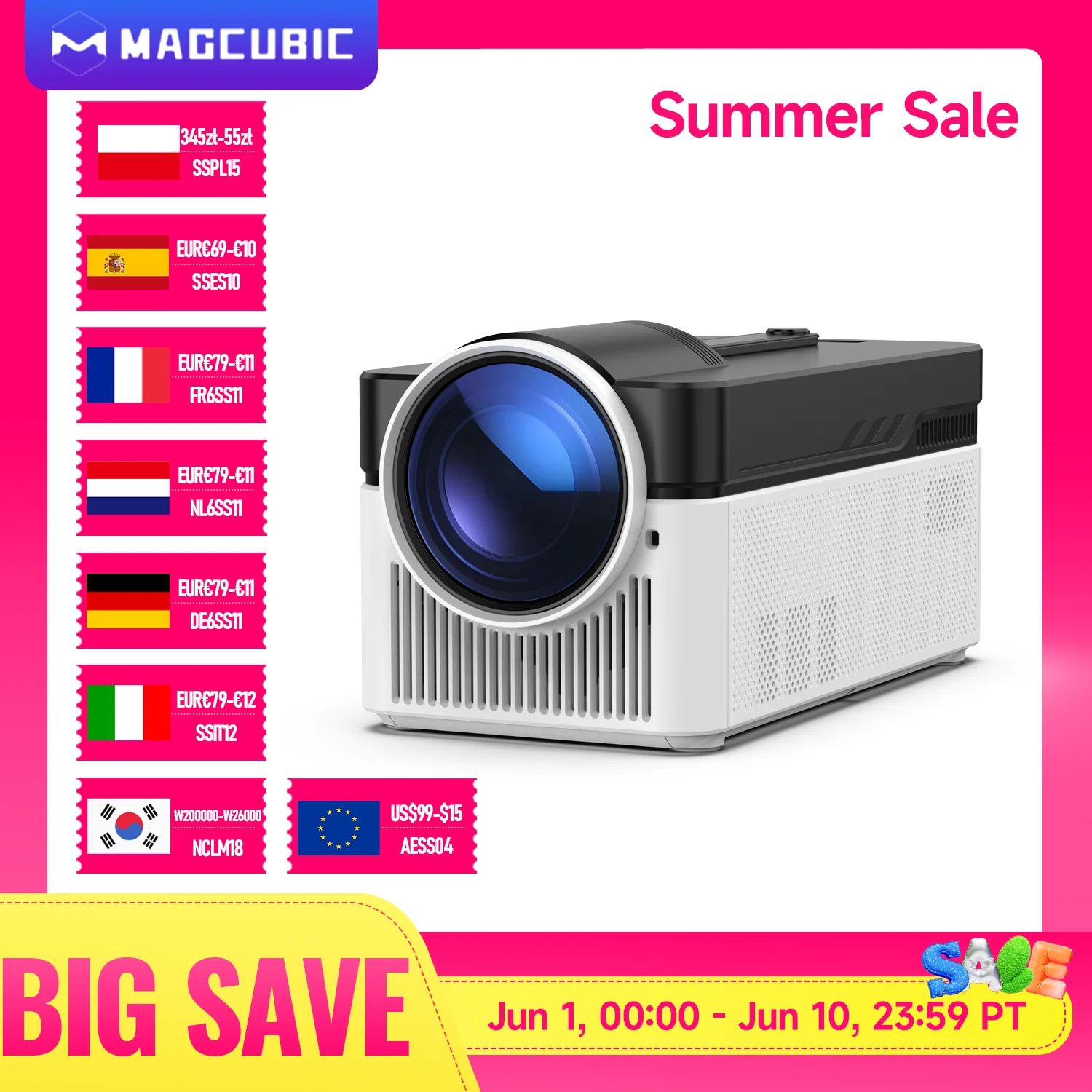 Projecteur Magcubic Ultra Short Throw HY450 avec Correction Automatique de l'Écartement, 1080P, 8K, Mise au Point Électronique, 900 ANSI, WiFi6, BT5.4, Commande Vocale
