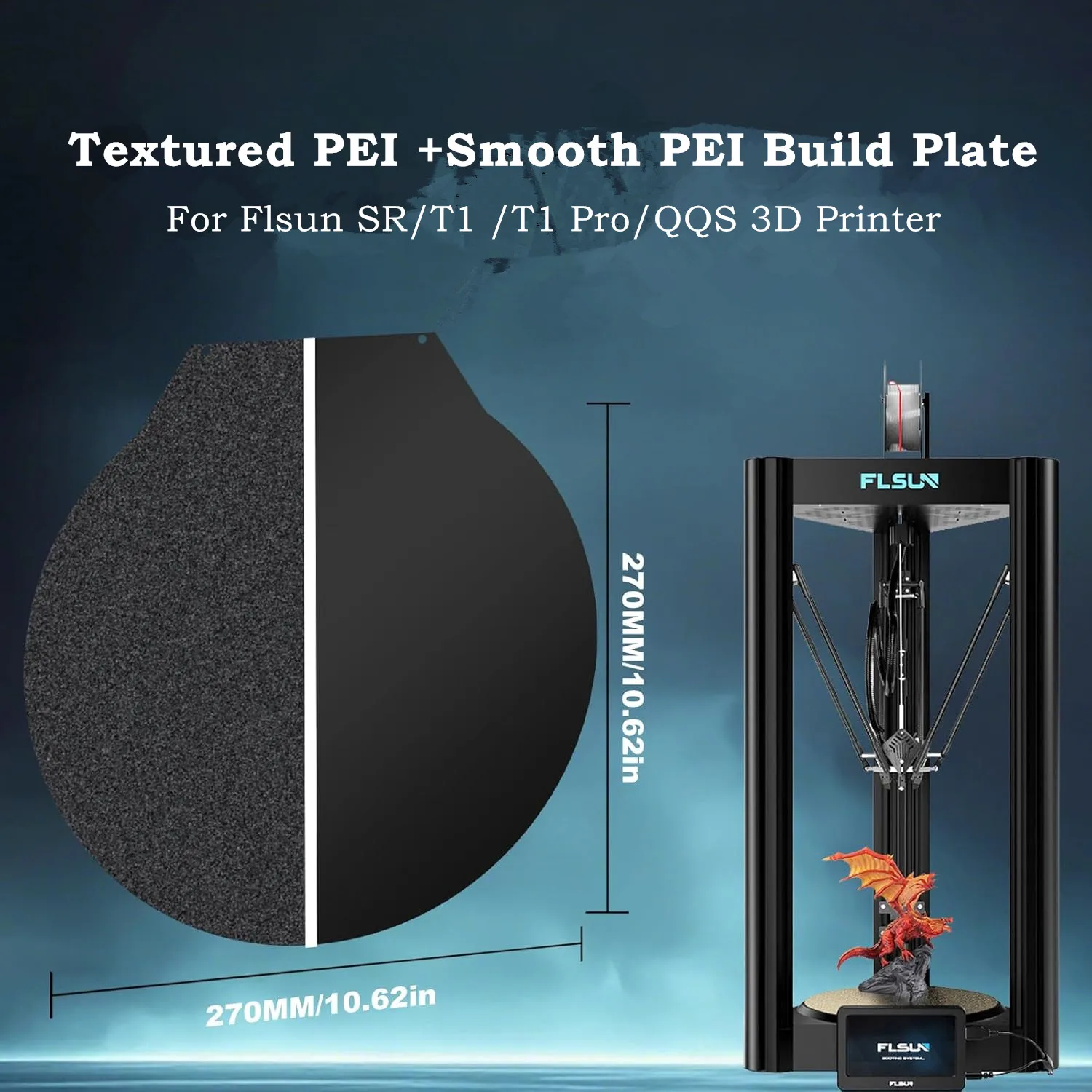

Для Flsun SR/T1 Pro/T1/QQS: Текстурированная гладкая PEI-пластина для 3D-печати, двусторонняя, гибкая, из пружинной стали, магнитная, круглая, диаметр 270 мм
