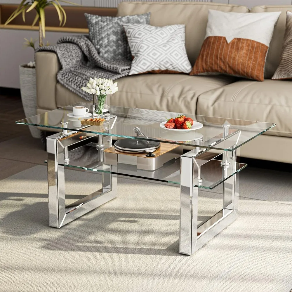 

Glass Coffee Table with 2 Tier Glass Boards & Sturdy Metal Legs, Mirrored Clear Rectangle Glass End Table Coffee