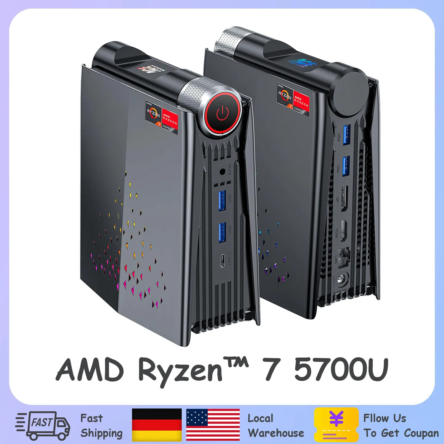 ACEMAGICIAN 라이젠 미니 데스크탑 컴퓨터 RGB 조명, 게이밍 PC, AMD 라이젠 7 5700U, 최대 4.3Ghz, 16GB DDR4 512GB NVME SSD