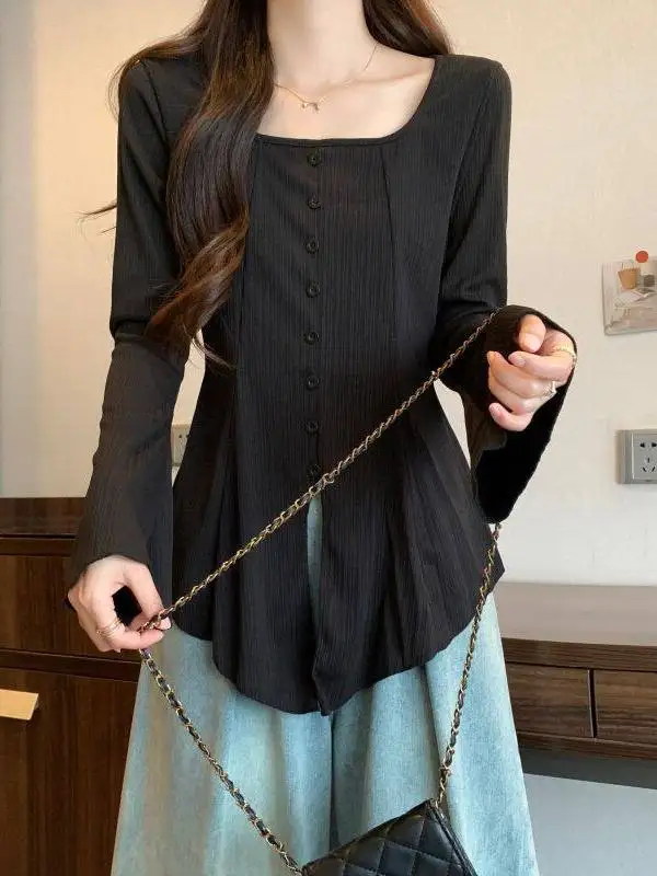 

plus Size Women's Long Sleeve T-Shirt Square Collar Flared Sleeve Regular Fit Spring Autumn Slimming Base Shirt Korean Style