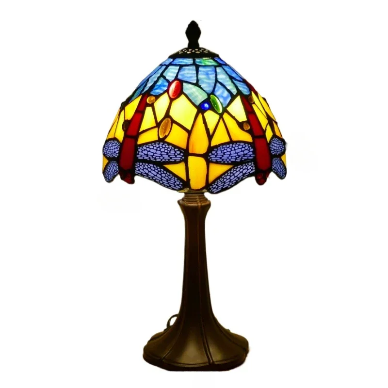 8inch Tiffany Style Orange Dragonfly Lampshade Stained Glass Handcrafted Table Lamp Nightstand Bedroom Living Room Home Office