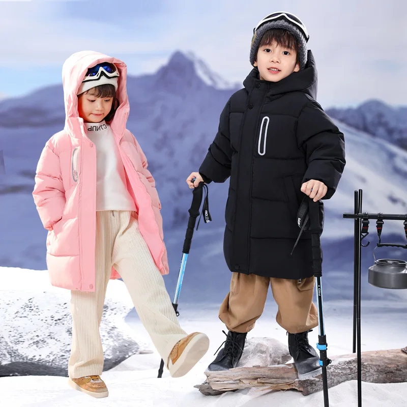 

Winter Snow Wear Boys Girls Jacket Long Style Solid Color Thick Keep Warm Hooded Coat For Kids Children Cotton Padded Outerwear