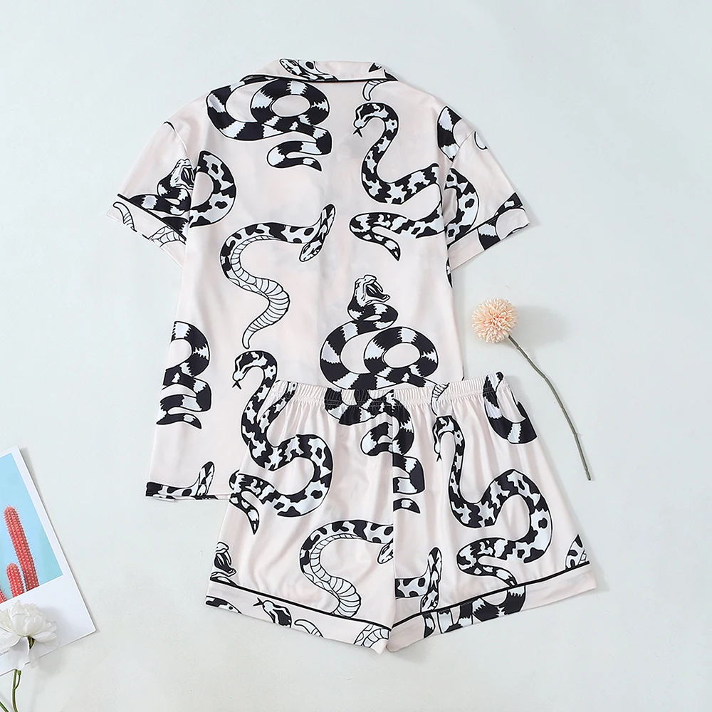 2피스 여성 여름 파자마 세트 캐주얼 가디건 밴딩 반바지 여성용 편안한 라운지웨어 재미있는 프린트 홈웨어