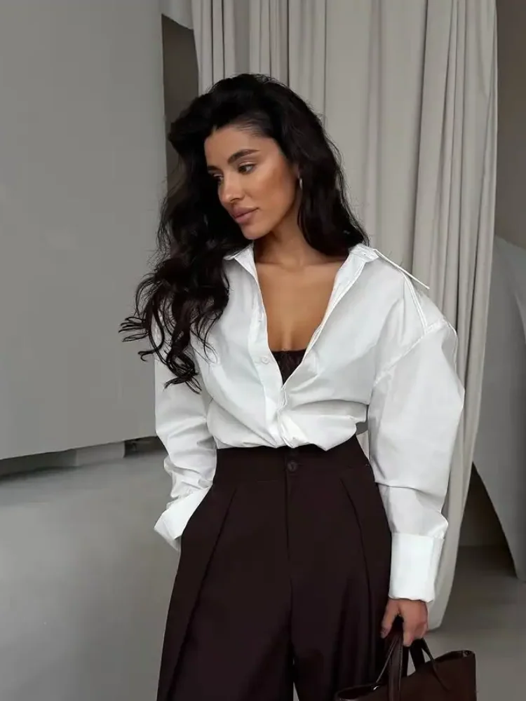 

Women Fashion White Lace Up Blouse Casaul Full Sleeve Oversized Lapel Short Shirt Chic 2026 New Lady Office Commute Work Outfits