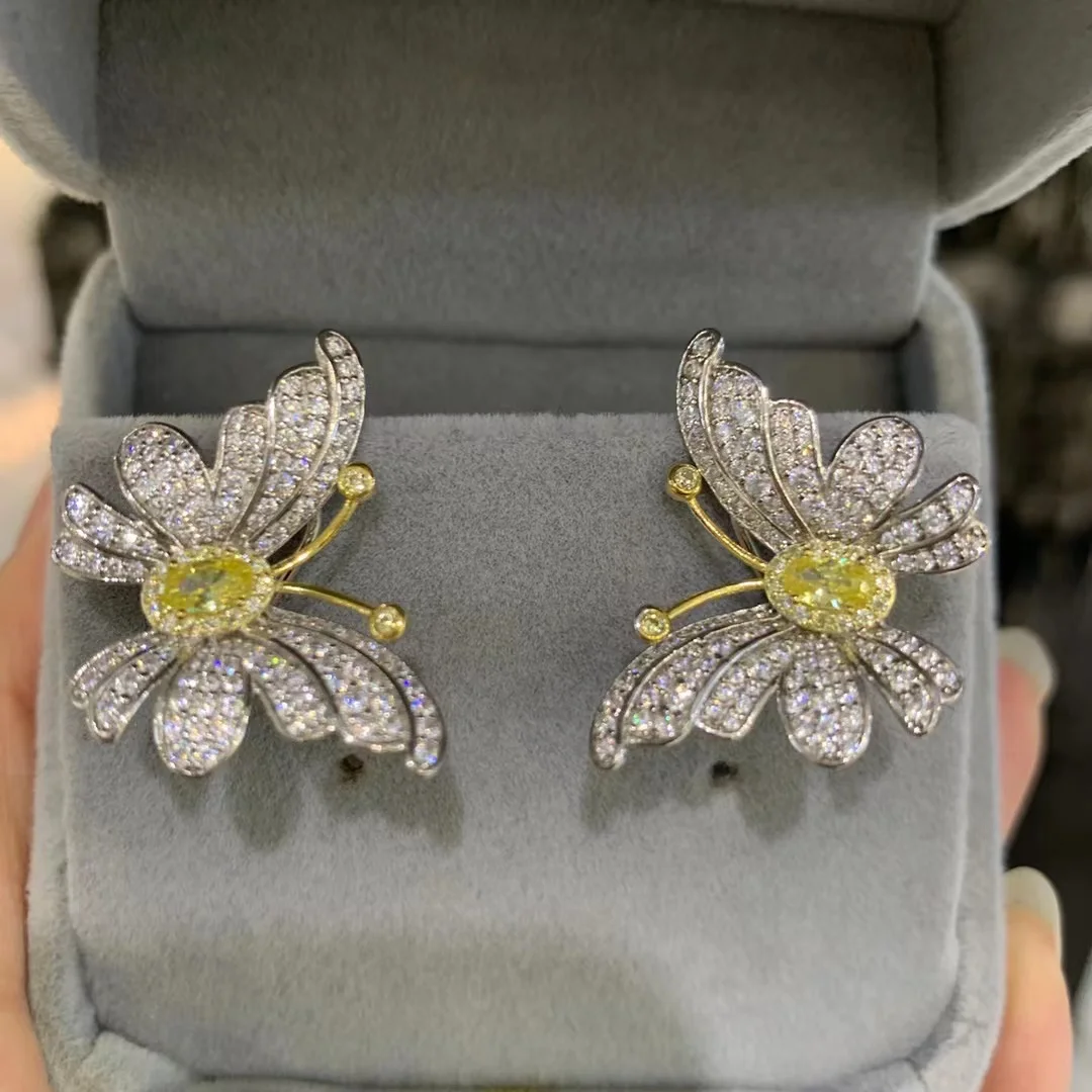 

925 sterling silver with cubic zircon butterfly stud earring yellow and white mixed color fine women jewelry free shipping