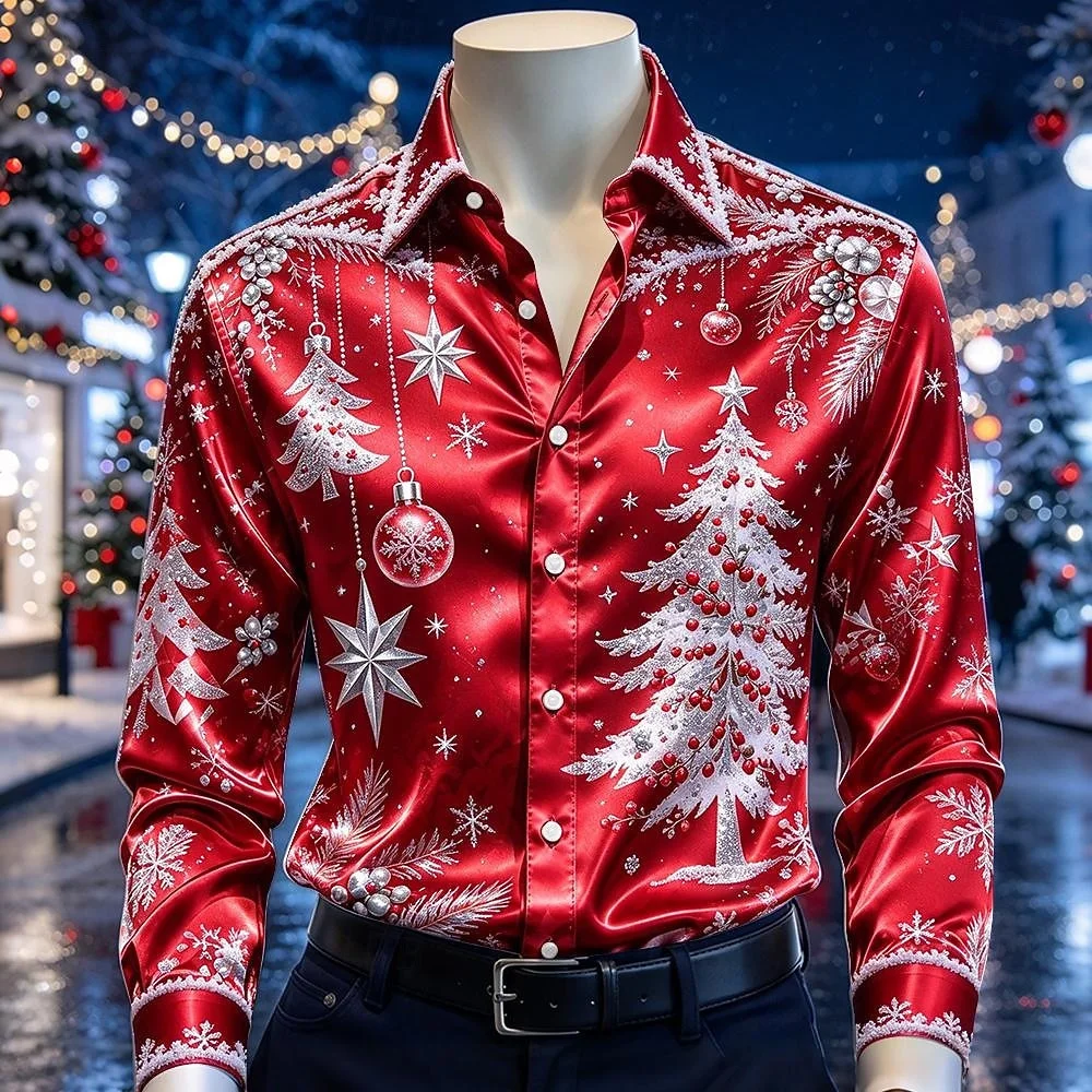 Men's Christmas Long Sleeved Satin Shirt Christmas Tree Snowflake Print Lapel Button Shirt Fashion Holiday Social Party Clothing