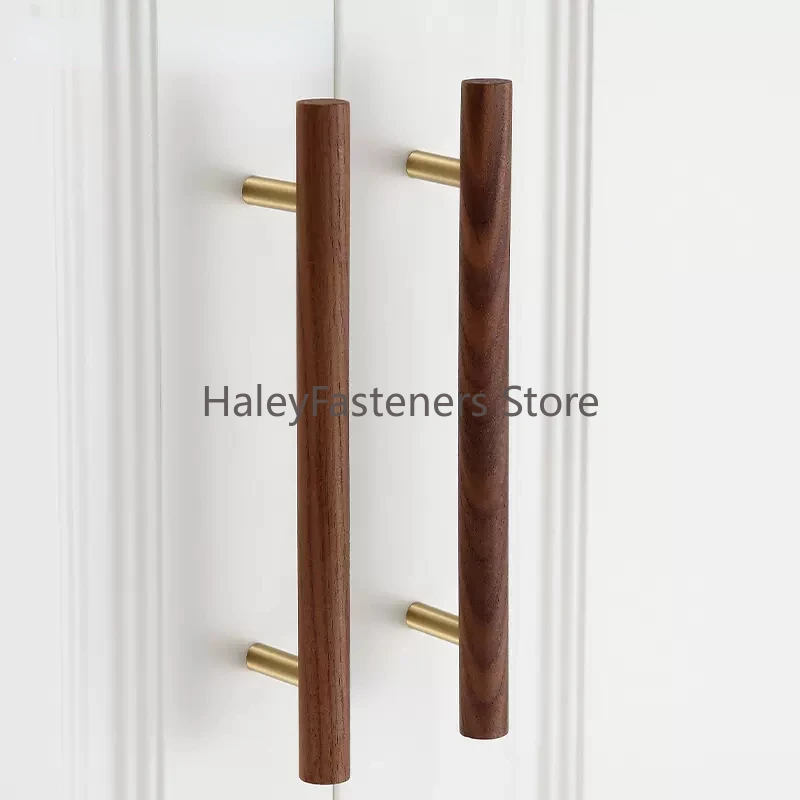 Natural Walnut + Brass Furniture Handle Kitchen Cabinet Door Handles Drawer Pulls Wooden Long Handles for Furniture Hardware