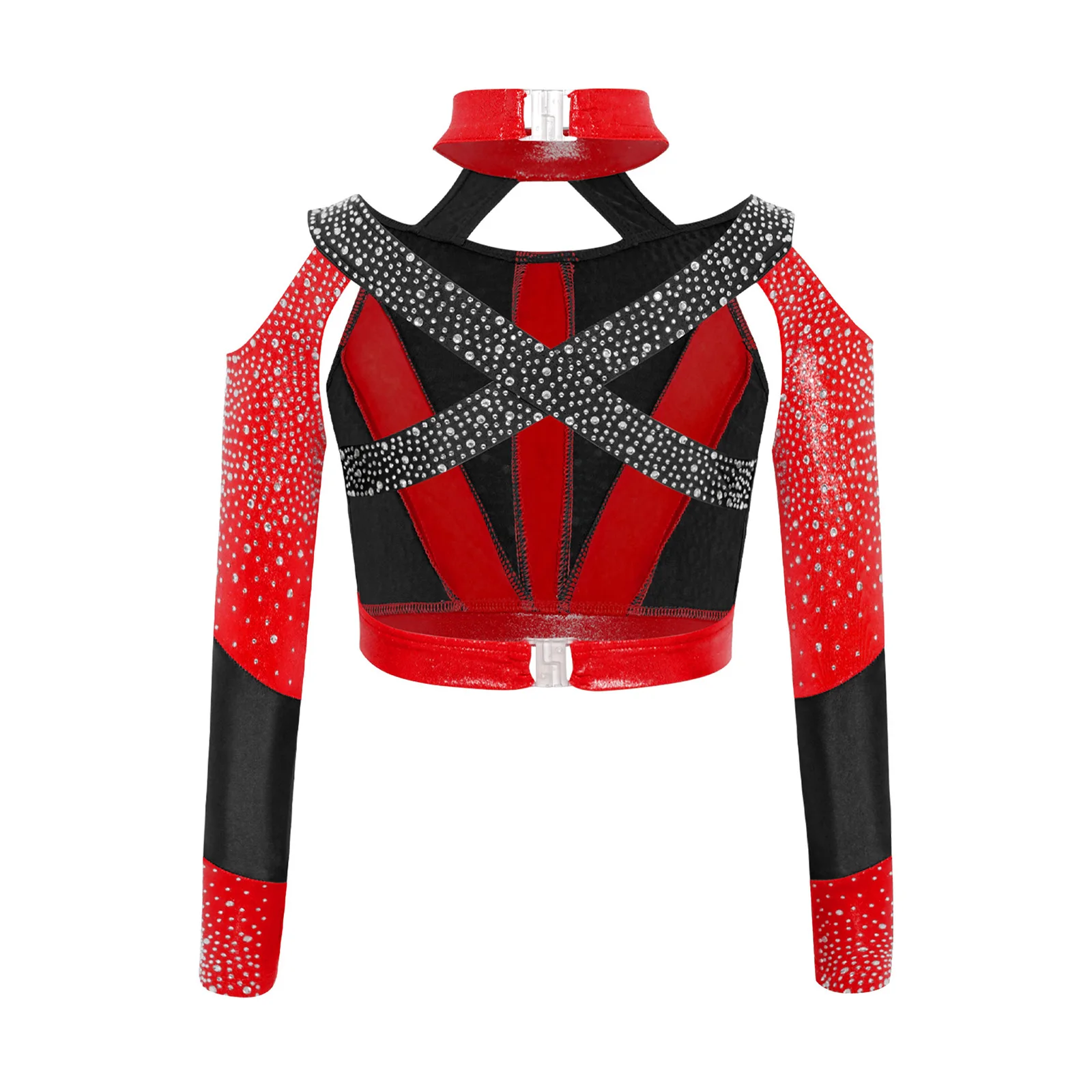 Girls Gymnastics Acrobatics Dance Costume Long Sleeve Shiny Rhinestone Color Block Cross Back Cutout Crop Top Belly Dancewear