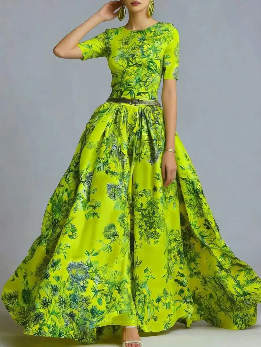 

Womens Round Neck Half Sleeve Maxi Dress With Belted Waist A-Line Flared Skirt Tropical Floral Print