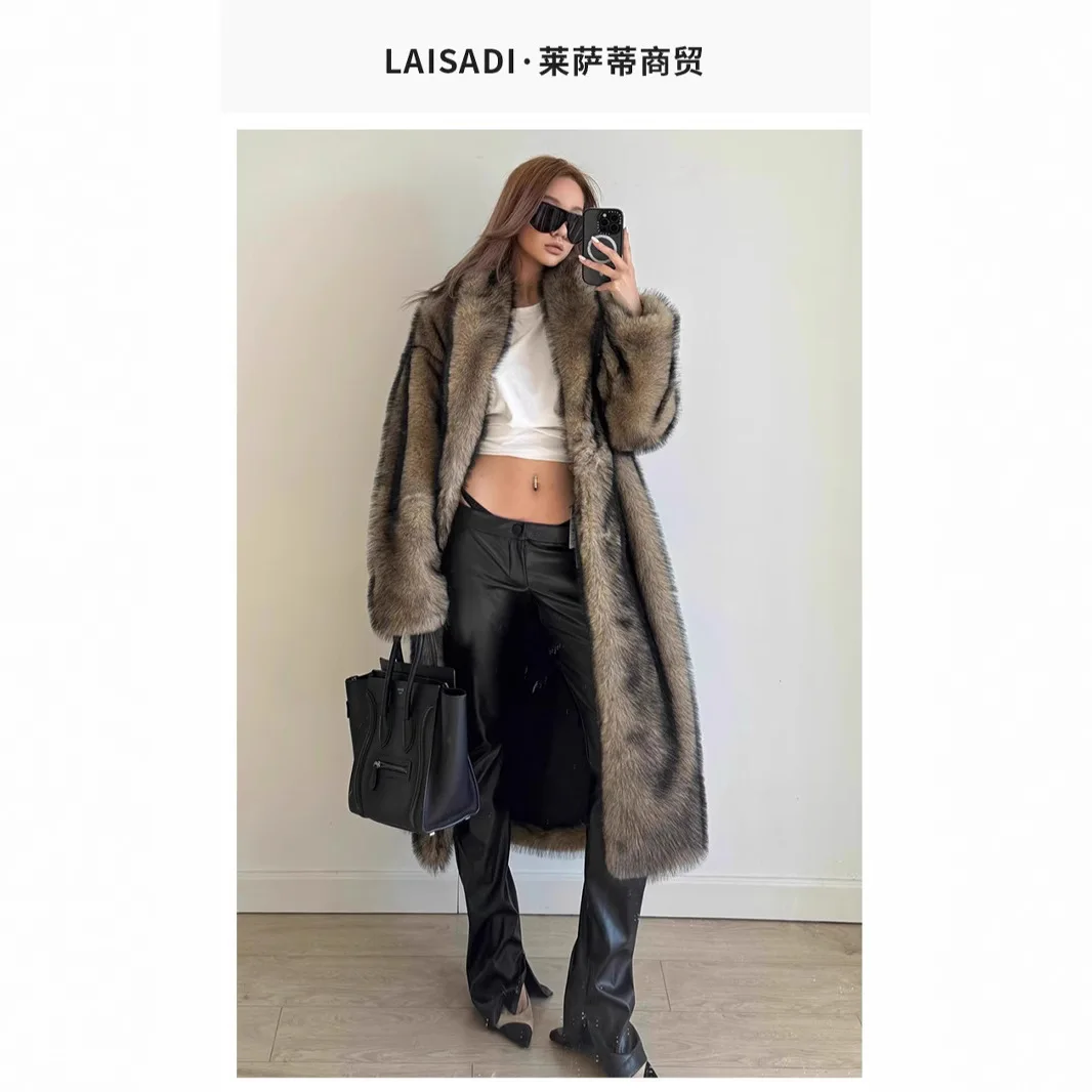 Vrouwen namaakbontjassen Y2k jassen kraagvorm lange open steek losse pasvorm dikke warme bont uitloper maxi herfst 2025, winter