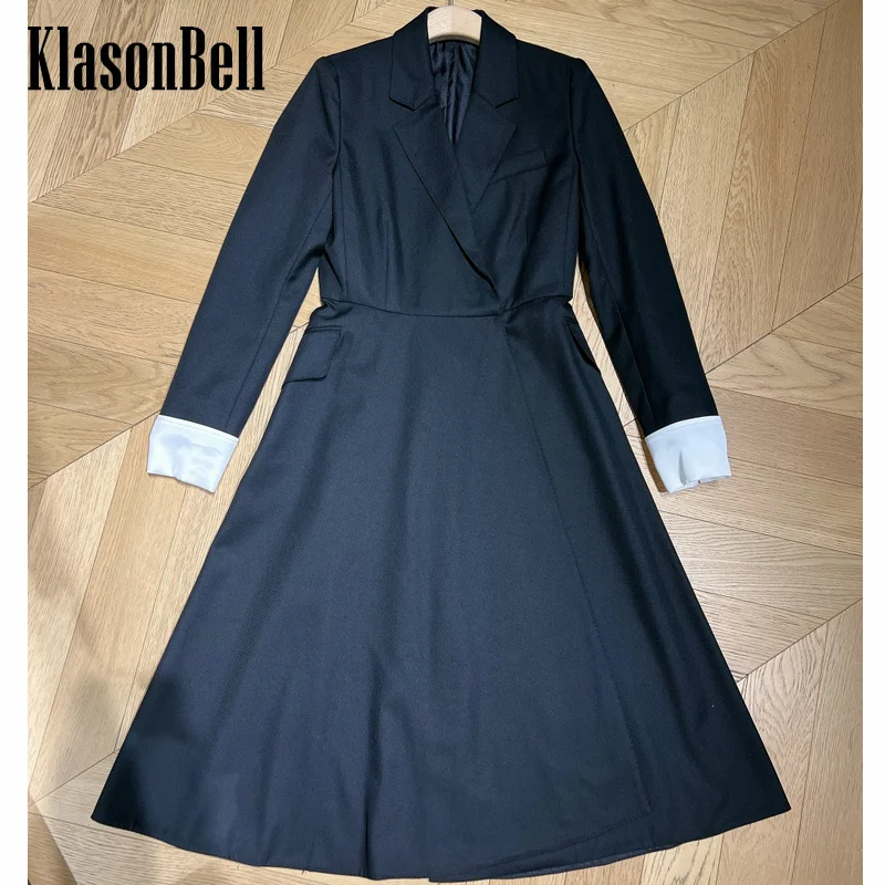 

9.26 KlasonBell Women Fashion Contrast Color Long Sleeve Blazer Dress All-match Commuter Lapel Collar Collect Waist midi Dress