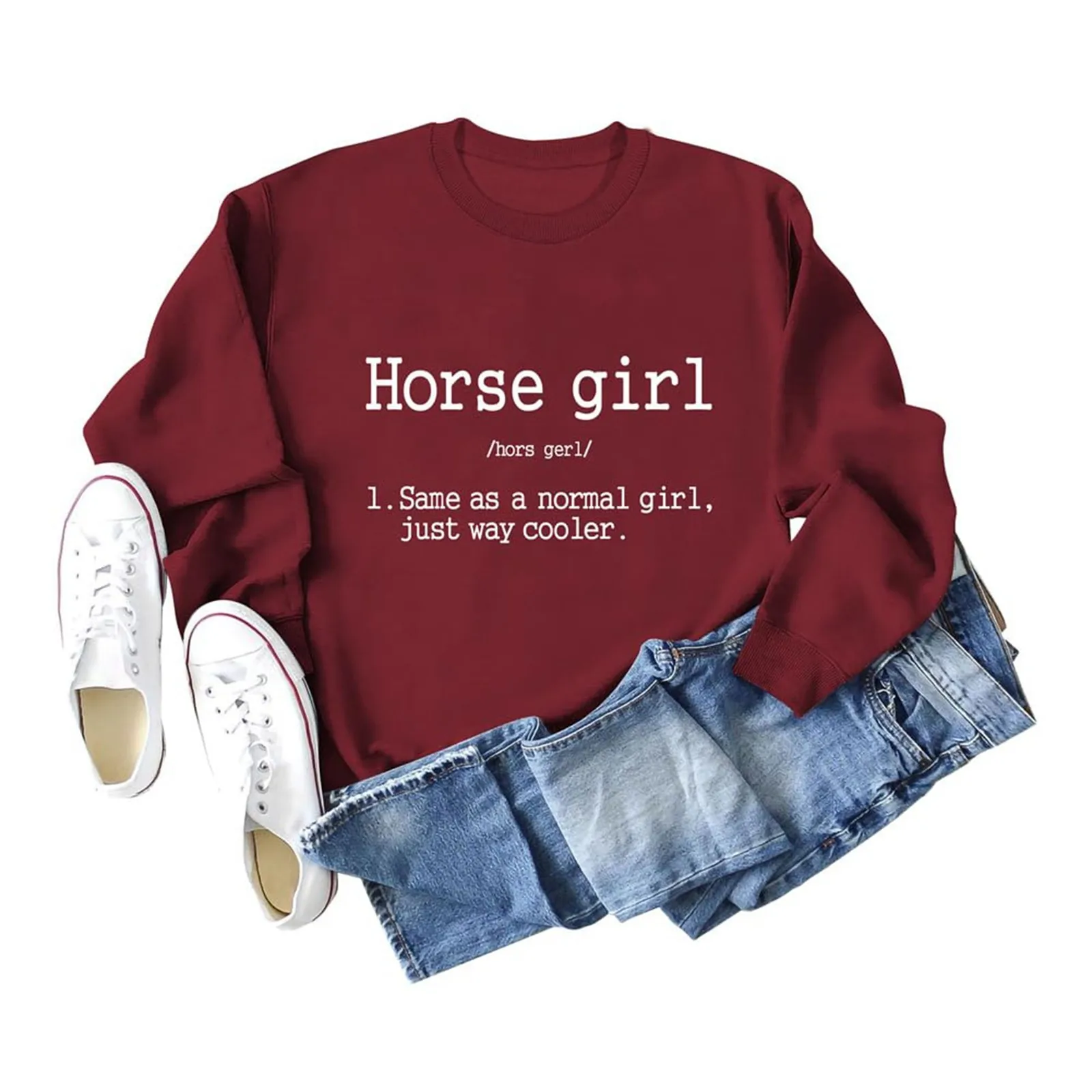 Round Neck Long Sleeve Hoodless Pullover Sweatshirt Classics Y2k Horse Girl Vintage Sweater Drop Shoulder Oversized Hoodies