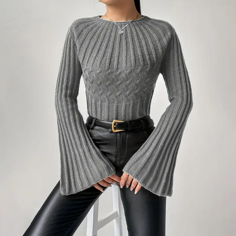 

spring autumn Knitted sweaters flare sleeve loose Jumper Tops Women O-neck Ladies Casual solid Sweater bottoming Pullover female