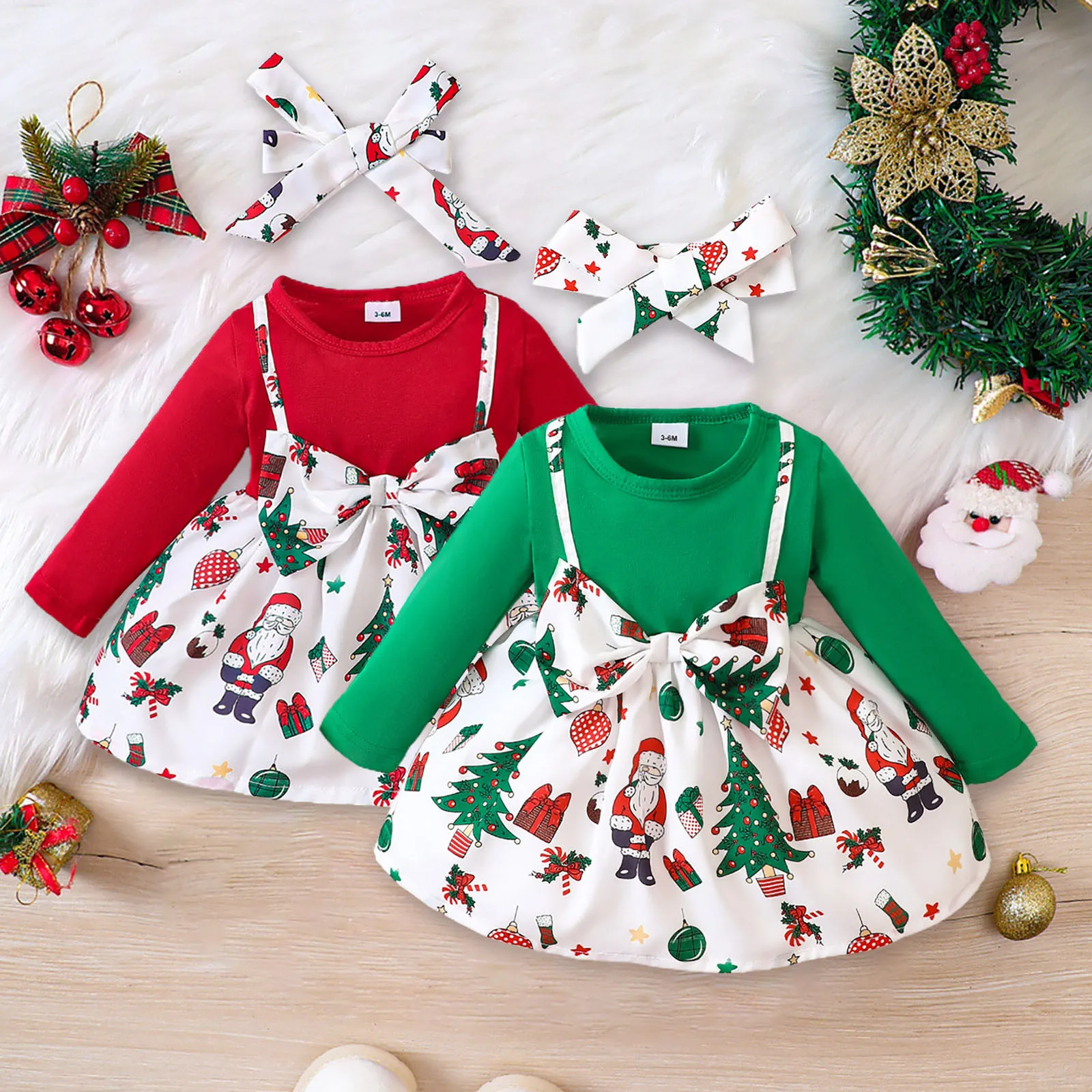 3-24M Christmas Girl Dress Fuax 2pcs Big Bowknot Cartoon Santa Claus Print Dress For New Year Children\'s Christmas Clothing 2024