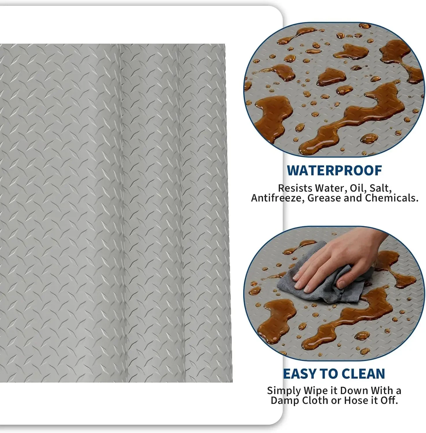 Tacleekii Garage Floor Mat 4X7FT 4X8FT 5X10FT 2mm Thick PVC Heavy Duty Non-Slip Diamond Plate Waterproof & Oil-Resistant Floor Protector for Cars, SUVs & Trucks, Gray