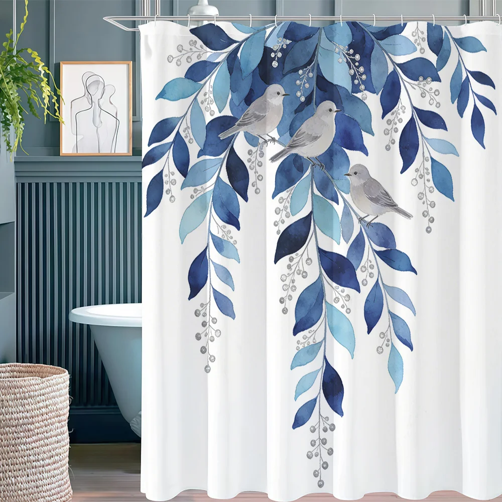 1 Printed Shower Curtain, Branch Bird Printed Pattern on Dark Blue Background, Hanging Blue Tone Eucalyptus Branch Light Gray Bi