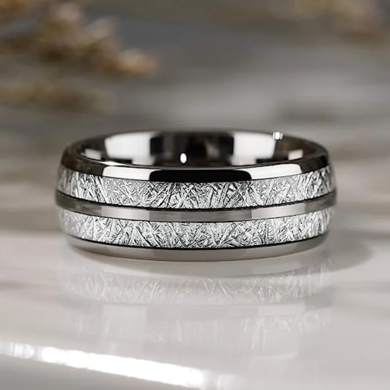 Dual Groove Meteorite Inlaid Titanium Ring, Wedding Ring, Jewelry Gift Men's and Women's Hot Selling Stainless Steel Ring