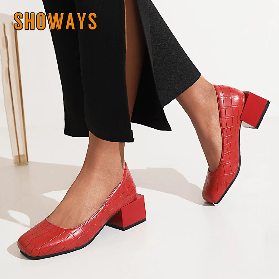 

British Women Pumps Square Toe Blue Red Grey Green Crocodile Leather Mid Block Heels Dress Office Ladies Slip-on Shoes Plus Size