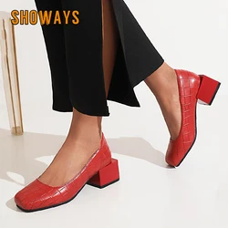 British Women Pumps Square Toe Blue Red Grey Green Crocodile Leather Mid Block Heels Dress Office Ladies Slip-on Shoes Plus Size