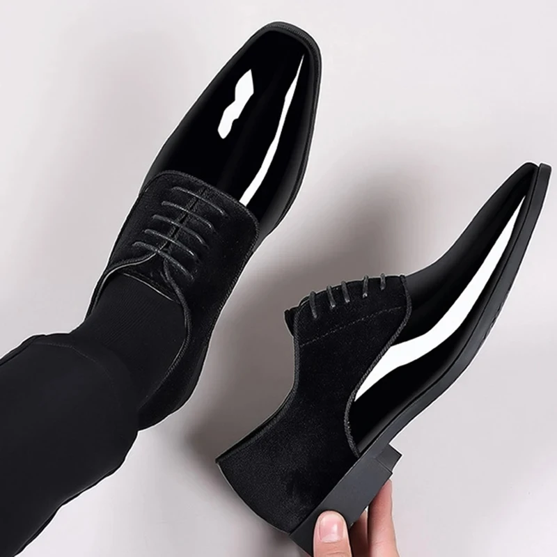 Black PU Patent Leather Shoes for Men Casual Business Shoes Lace Up Formal Office Work Shoes for Male Party Wedding Oxfords