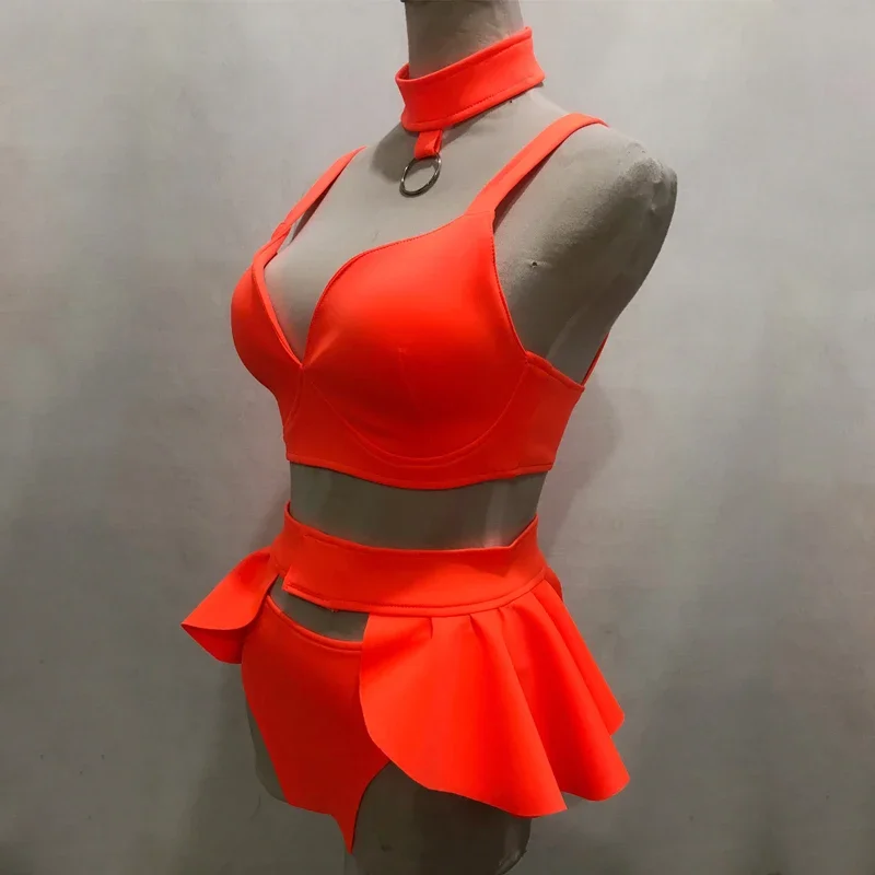 Nowy Seksowny Strój Tancerki Gogo Fluorescencyjny Pomarańczowy Bikini Damski Zestaw do Tańca Jazzowego na Scenę, do Klubu Nocnego, dla DJ-a