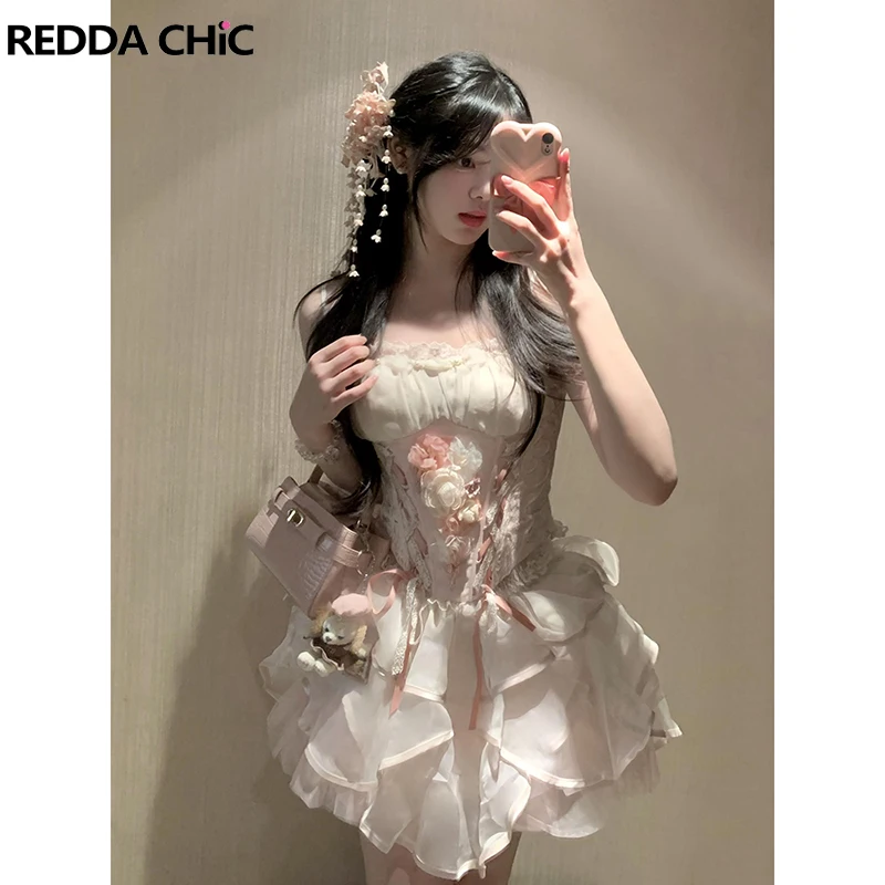 ReddaChic Lolita Flower Applique Top Mini Skirt Women Set Lace Trim Cami Layered Ruffle Elastic Waist Mini Skirt Lolita Costumes