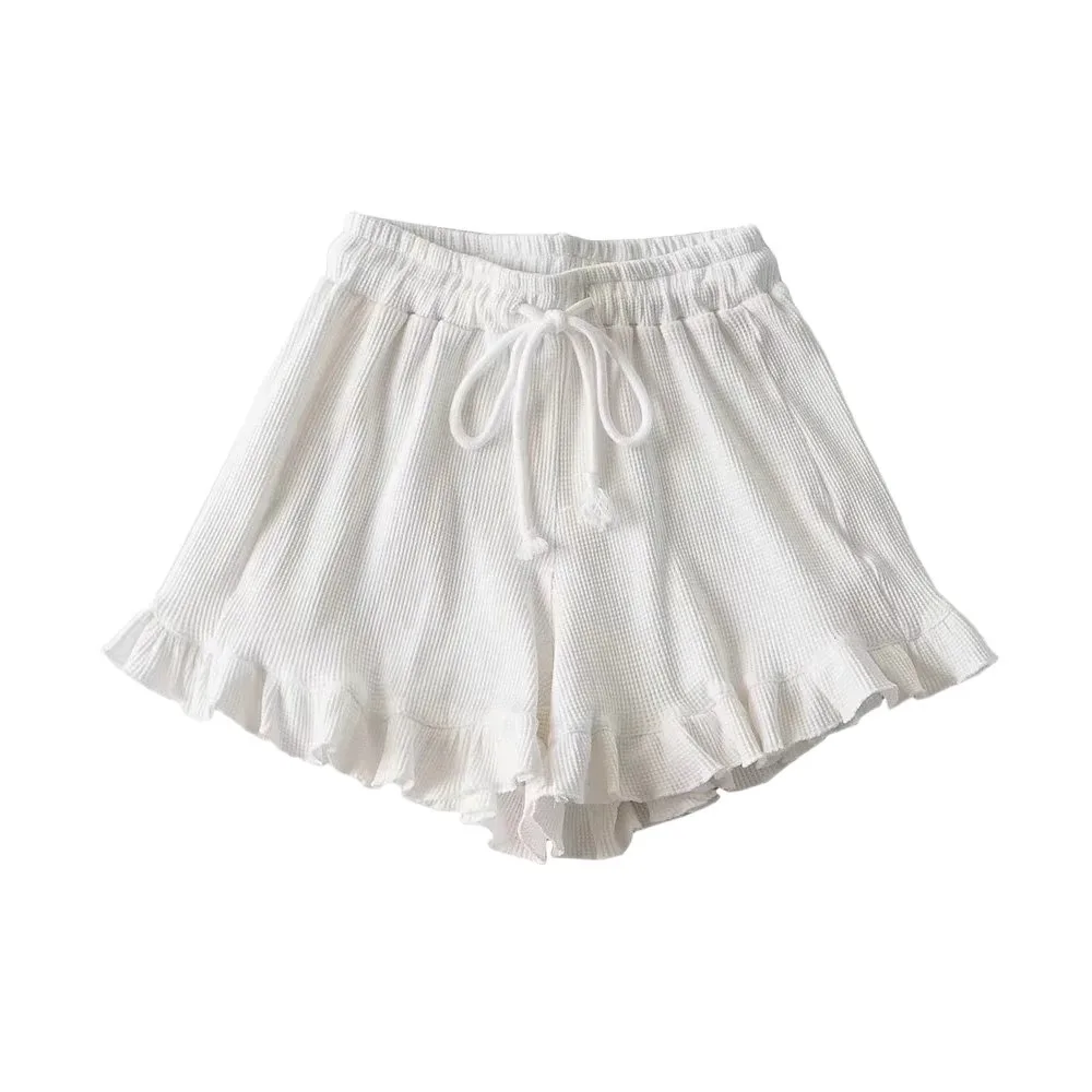 Casual Lace Up Drawstring Shorts Women Ins Style Large Size Sweet Ruffled Shorts High Waist Loose Wide Leg Short Pants Girl