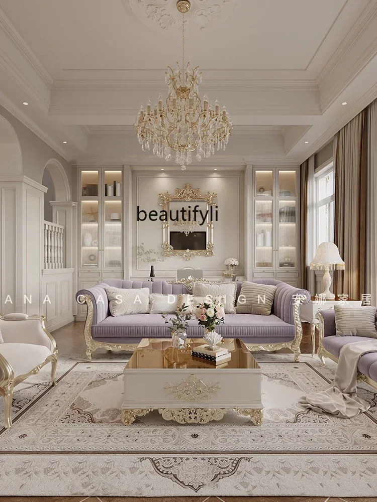

smt03 New Arrivals French solid wood sofa small apartment three-person sofa living room furniture combination light luxury chais