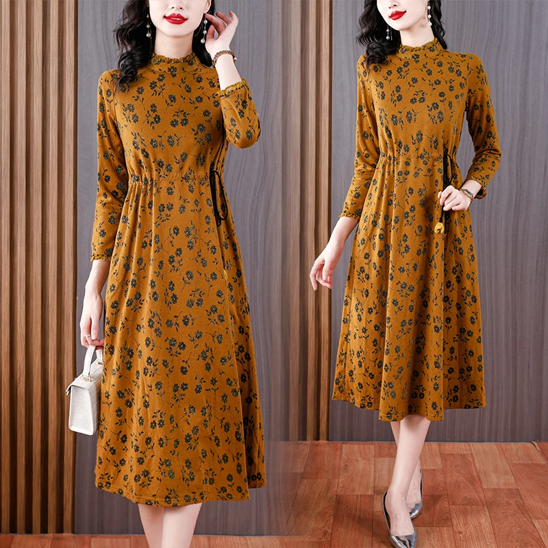 2023 New Fashion Printed Dress Women's Autumn Retro Fragmented Flower Bottom Dress Korean Loose Tight Vacation Party Vestidos