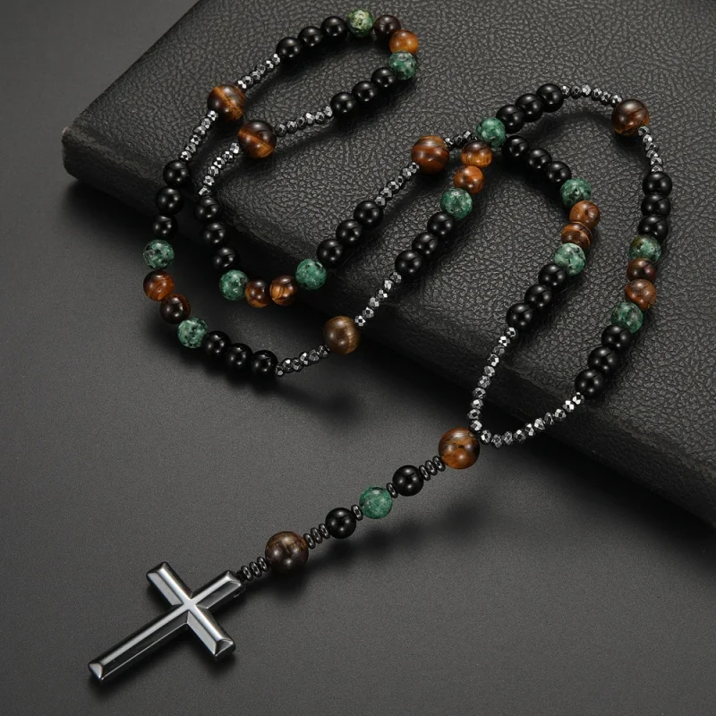 

2025 New Cross Necklace for Men Boys Vintage Natural Stone Cross Necklace Obsidian Sweater Chain-Fathers Day Mens Gifts