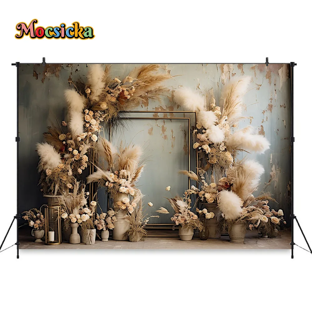 Boho Background for Studio Photography Background Pampas Grass Retro Potted Backdrop Banner Girl Kid Birthday Wedding Photobooth