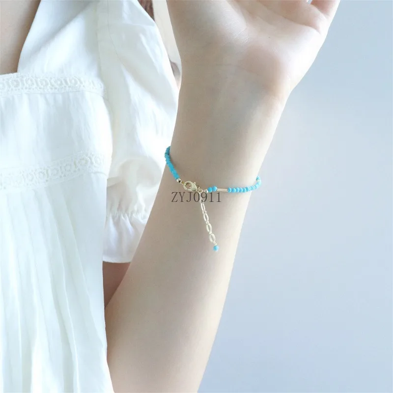 [أزرق] سوار من العقيق الفيروزي الأزرق الطبيعي، مجوهرات بمزاج أبيض للسيدات على الطراز الصيني متعدد الاستخدامات