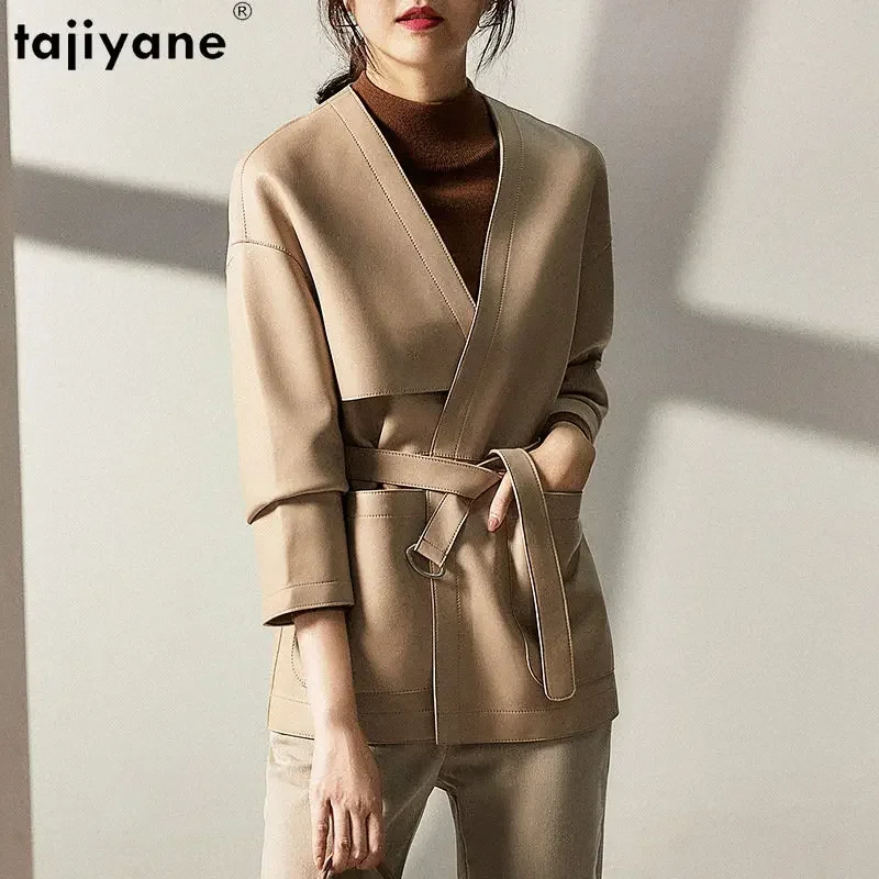 Tajeyane-Chaqueta de piel de oveja auténtica para mujer, abrigo elegante con cuello en V, de cuero liso, con cinturón coreano