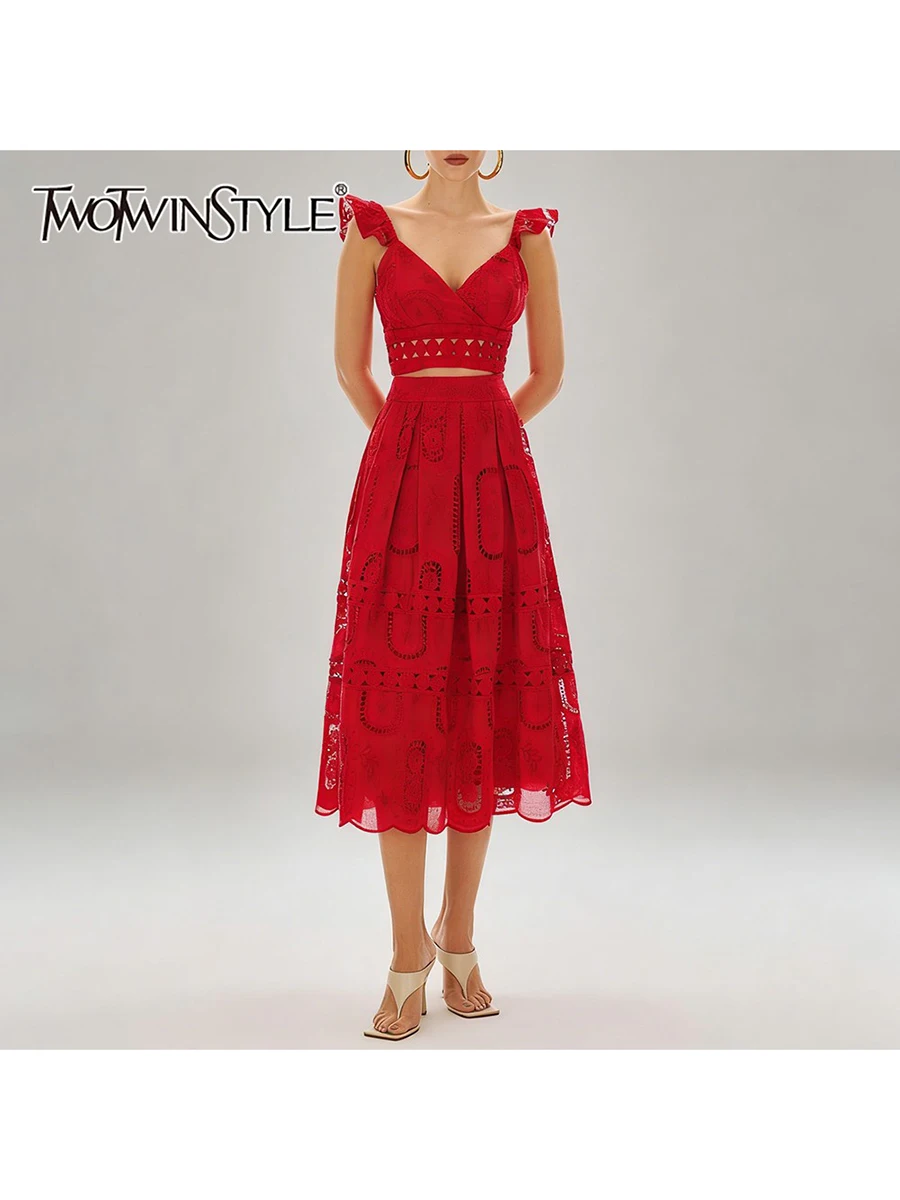 

TWOTWINSTYLE Fashion Hollow Out Spliced Embroidery Two Piece Sets for Women V Neck Sleeveless Top High Waist Skirt Set Female