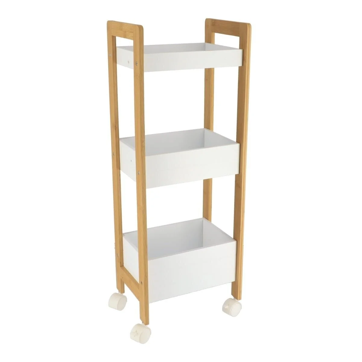 Mueble De Baño Eatantería De 3 Estantes Con Ruedas Bambú Mdf - Blanco/bambú