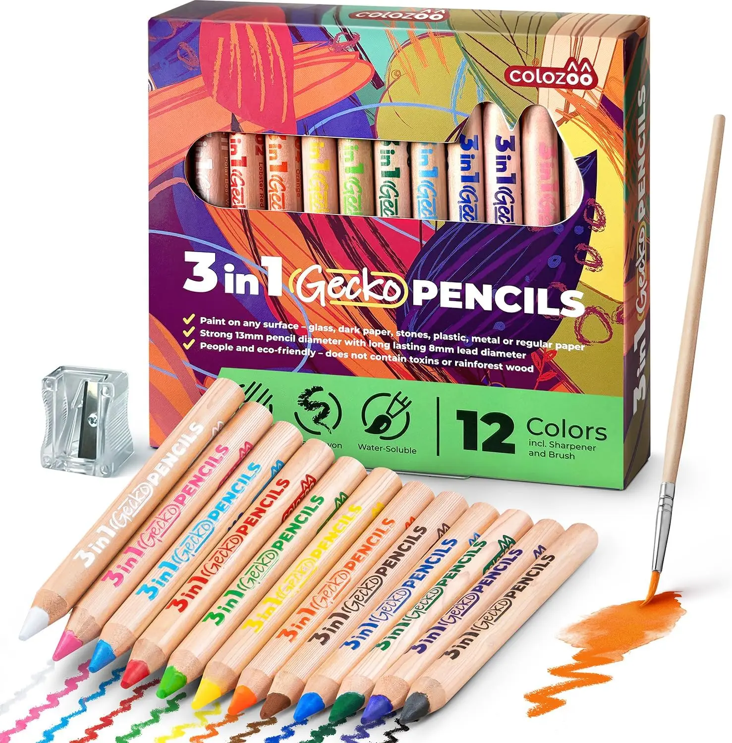 

3-in-1 Kids Chubby Pencils: 12 Colors with Brush & Sharpener, Non-Toxic for Ages 3+
