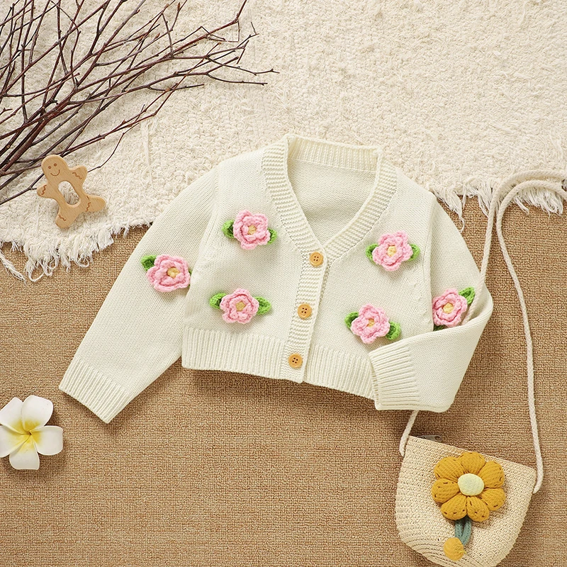 Baby Sweater Knitted Infant Girl Cardigan Long Sleeve Autumn Newborn Kid Clothes Fashion Cute 3D Flowers Tops Children Outerwear