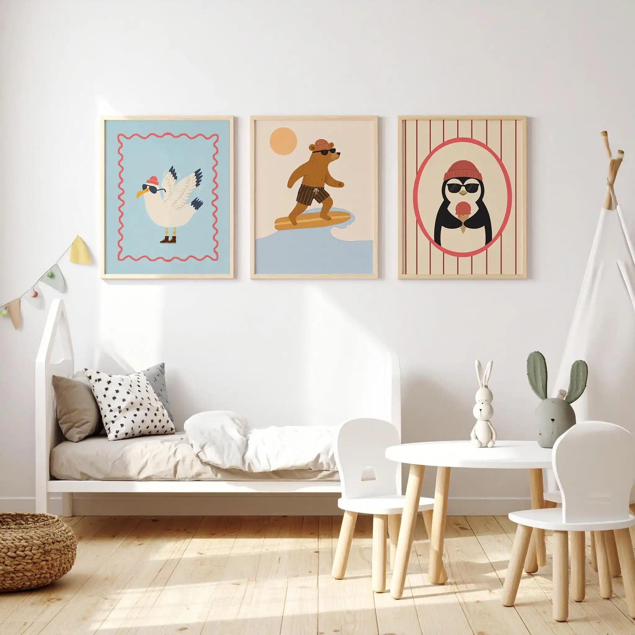 3PCS frameless decorative art print,Playful Kids Animal Poster Set – Penguin Ice Cream, Bear Surfer & Seagull Sunglasses Wall Ar