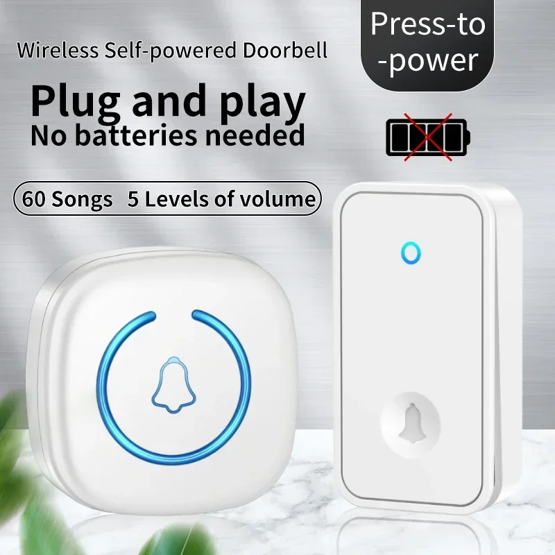 CACAZI Intelligent Outdoor Self-powered Wireless Doorbell Waterproof 60 Ringtones 150 Meters Remote Welcome Home Call Bell EU US